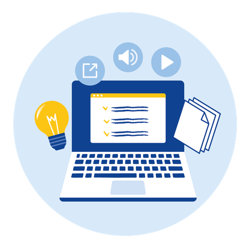 Auf einem Laptop ist eine Checkliste angezeigt, um den Laptop herum kreisen fünf Symbole: eine Glühbirne, ein Downloadpfeil, ein Mikrophon, eine Playtaste und eine Dokumentenmappe.
