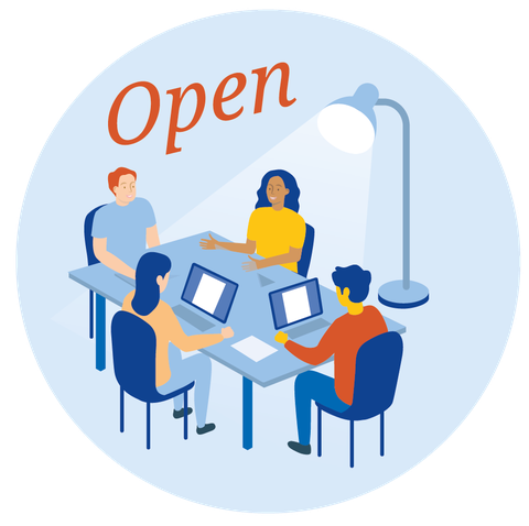 Vier Personen sitzen mit ihren Laptops an einem Tisch, im Hintergrund beleuchtet sie eine Stehlampe. Über ihnen schwebt das Wort "OPEN".