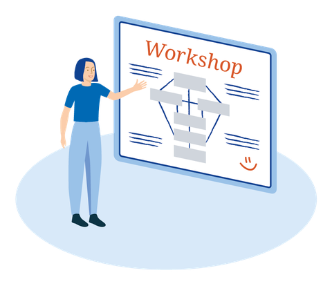 Eine Person steht einer Tafel oder einem Whiteboard zugewandt und zeigt darauf. Auf der Tafel- oder Whiteboardfläche steht: „WORKSHOP“. Darunter ist eine Grafik angedeutet und unten links lächelt ein Smiley. 