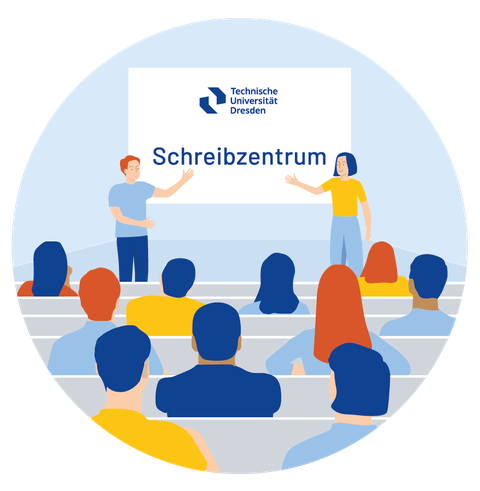 Wie durch ein Schlüsselloch schaut man in einen Hör- oder Seminarsaal, in dem zehn Studierende sitzen und auf eine Präsentation schauen, auf der groß "Schreibzentrum" steht. Zwei Personen erklären diese Präsentation.