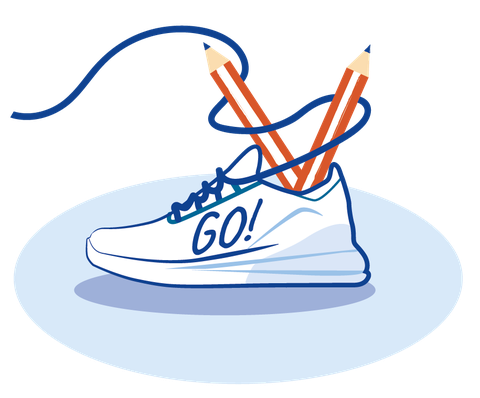In einem Turnschuh stecken anstatt eines Fußes zwei Stifte, die durch die Schnürsenkel gehalten werden. Auf dem Schuh steht: "GO!"