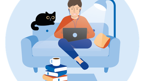 Auf einem Sofa sitzt eine Person vor einem Laptoo, auf der Lehne liegt eine Katze und vor der Couch ein Bücherstapel.