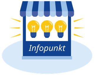 In einem Kiosk sind drei große leuchtende Glühbirnen zu sehen. Am Kiosk steht "Infopunkt".