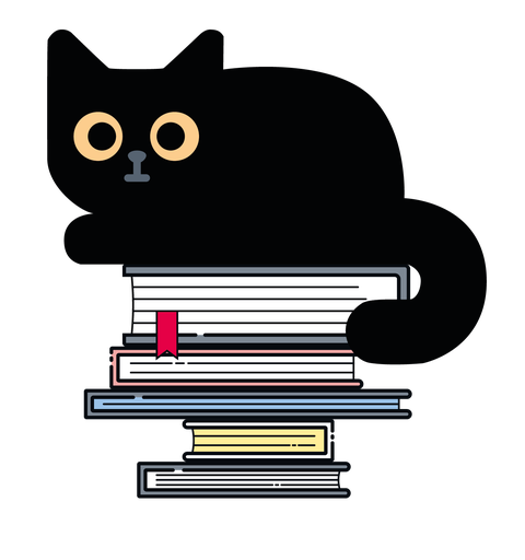 Eine schwarze Katze, flächig gezeichnete, sitzt auf einem kleinen Bücherstapel.
