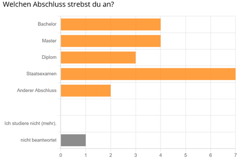 Die Grafik zeigt, welche Abschlüsse die Teilnehmenden des Schreibmarathons anstreben: jeweils 4 Bachelor oder Master, 3 Diplom, 7 Staatsexamen, 2 anderer Abschluss.
