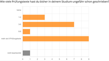 Die Grafik zeigt, wie viel Schreiberfahrung die Teilnehmenden des Schreibmarathons gesammelt haben: 3 Personen 1-2 Prüfungstexte, 7 Personen 3-5 Texte, 1 Person 6-8 Texte, 9 Personen > 8 Texte.