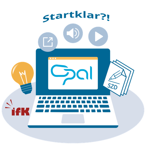 Unter der Überschrift "Startklar?!" die Grafik eines Laptops, auf dessen Bildschirm der Begriff "OPAL", darüber Symbole zur multimedialen Nutzung: Audios anhören, Videos ansehen, Dokumente herunterladen, Verlinkungen nutzen sowie eine Glühbirne