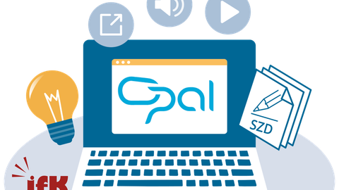 Unter der Überschrift "Startklar?!" die Grafik eines Laptops, auf dessen Bildschirm der Begriff "OPAL", darüber Symbole zur multimedialen Nutzung: Audios anhören, Videos ansehen, Dokumente herunterladen, Verlinkungen nutzen sowie eine Glühbirne