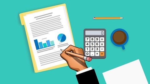 The graphic shows a surface on which a report with diagrams is lying, next to it a calculator, a pencil, a white sheet of paper and a coffee cup. A hand is writing on the report with a pencil.