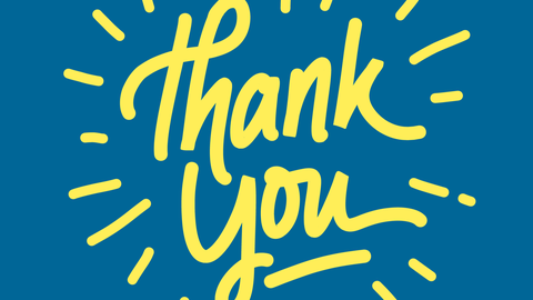 Vor einem dunklen Hintergrund sind in der Mitte untereinander geschrieben die Worte "thank you" in heller Schrift zu lesen. Um die Worte herum gehen Strahlen wie die einer skizzierten Sonne ab.