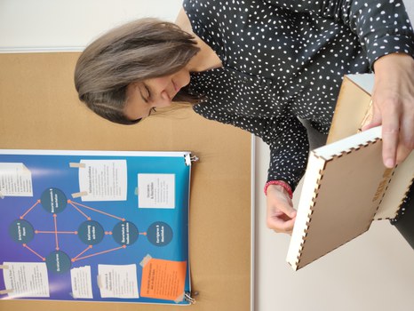 Eine Frau sitzt auf einem Stuhl mit einer geöffneten Holzschatulle in der Hand. In der Schatulle: puzzleartige Holzteile. Dahinter: Pinnwand mit einem Poster eines Ablaufschemas, Inhalt nicht erkennbar.