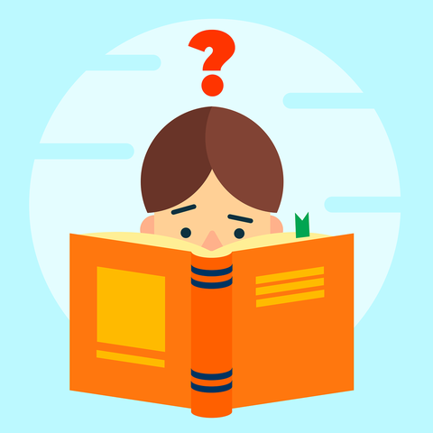 The image shows a person reading a book. The person's right eyebrow is raised, he or she looks questioning.
