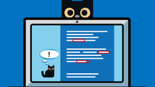 Illustration eines Laptops, hinter welchem der Kopf einer Katze erscheint.
