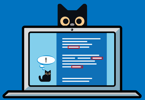 Illustration eines Laptops, hinter welchem der Kopf einer Katze erscheint.