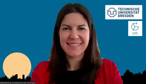 Screenshot of Nina Melching in a video call against a background in blue, a city backdrop at the bottom, a yellow moon at the bottom left, the logos of the TU Dresden and the Writing Center at the top right.