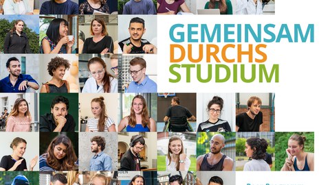 Motiv des Peer Programms, auf dem viele verschiedene Gesichter von Studierenden der TU Dresden zu einem Mosaik zusammengesetzt sind, auf der rechten Seite Schriftzug "Gemeinsam durchs Studium"