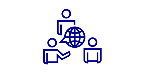 Icon mit drei Personen und Weltkugel als Sprechblase