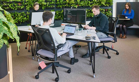 Arbeiten im Grünen: In der offenen Bürofläche bei SynoSys entstehen konzentrierte und kollaborative Arbeitsprozesse.