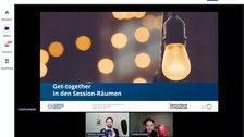 Titelfolie "Get-together in den Sessionräumen" und darunter die Moderatoren
