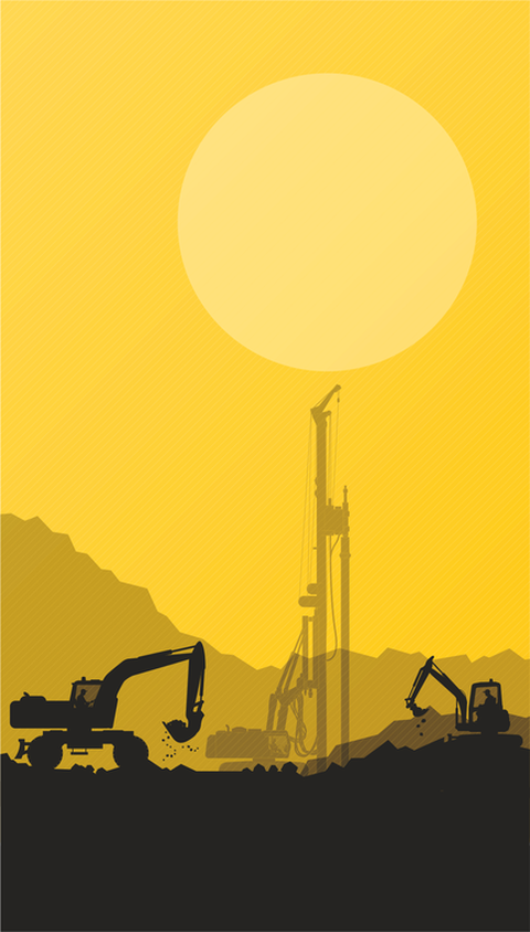 Bagger vor gelbem Himmel und Sonne
