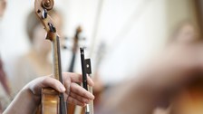 Auf dem Foto sieht man einen Ausschnitt aus einem Orchester. Im Fokus ist eine Geige, die von einer Person in der Hand gehalten wird. 