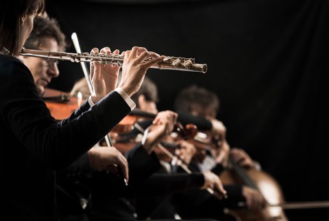 Auf dem Foto sieht man einen Ausschnitt aus einem Orchester. Im Fokus ist dabei eine weibliche Flötistin, die eine Querflöte hält. 