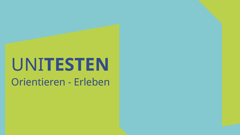 Banner mit farbigen Kacheln und Schriftzug Uni Testen Orientierung Erleben
