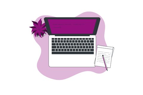 Grafik eines aufgeklappten Laptops von oben. daneben links eine kleine Pflanze, rechts ein Schreibblock.