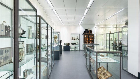 Foto der Dauerausstellung in der Kustodie mit großen Glasvitrine, in denen verschiedene Ausstellungsstücke sind