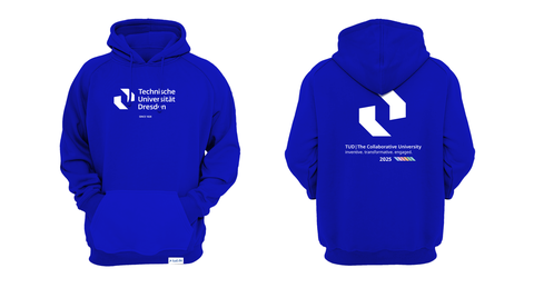 Langer Hoodie in brilliantblau  mit weißen Print in Deutsch des neuen TUD Logo, vorn und hinten