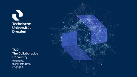 Logo der TUD und Slogan „The Collaborative University“ auf einem dunkelblauen Hintergrund mit einer leuchtenden Netzwerk-Grafik