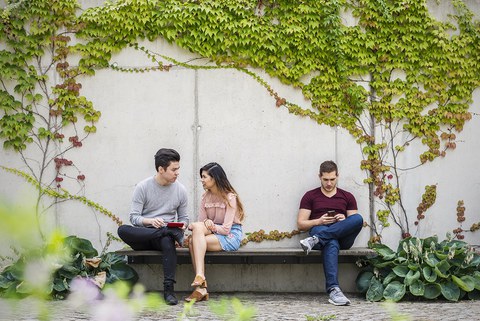 drei Studenten sitzen auf einer Bank, eine Person schaut auf ein Smartphone, zwei Personen sprechen miteinander