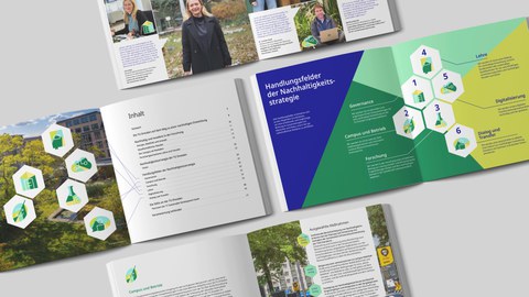 Photo of the sustainability brochure lying open on a table