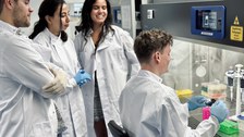 Vier Menschen in weißen Laborkitteln. Einer bearbeitet Proben in Reagenzgläsern, und drei schauen zu.