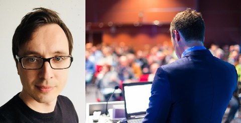 Fotocollage, links ein Porträtfoto von Prof. Chernikov, rechts der Blick über den Rücken von Prof. Chernikov in einen vollen Hörsaal
