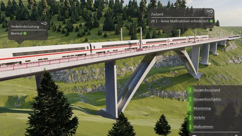 Visualisierung einer Brücke in einem Tal.