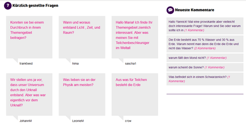 Screenshot mit kürzlich gestellen Fragen (links) und neuesten Kommentaren (rechts)