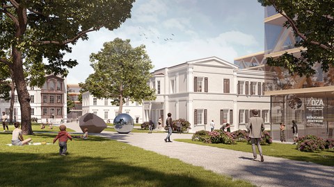 Visualisierung des DZA-Campus mit alten und neuen Gebäuden im Grünen.