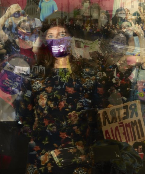 Blurred collage of photos showing different people wearing face masks.