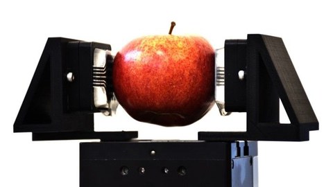 Ein Apfel wird zwischen zwei Armen einer Presse gehalten.