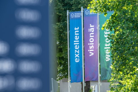 Drei Banner vertikal an einem Mast mit der Aufschrift Exzellent, Visionär, Weltoffen