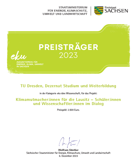 Urkunde eku Zukunftspreis 2023