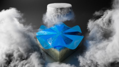 Das Material PtBi₂ (der untere Metallblock) besitzt an seiner Oberseite eine supraleitende Schicht (blau). 
