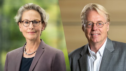 Collage bestehend aus zwei Porträtfotos von TUD-Rektorin Prof.in Ursula M. Staudinger und KIT-Präsident Prof. Jan S. Hesthaven.