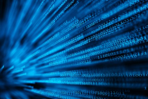 Blue binary code lines.