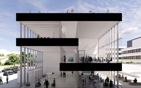 Cross-section of the new COLM research building, showing the entrance hall and connecting corridor. 