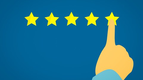 Eine Hand zeigt auf dem rechten von 5 gelben Sternen auf blauem Hintergrund