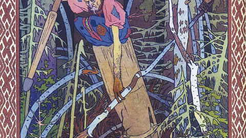 Die Hexe Baba Jaga fliegt mit ihrem Mörser. (Grafik)