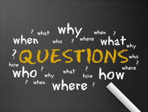 Eine Tafel ist beschrieben mit englischen Fragen. In der Mitte steht das Wort "Questions".