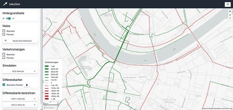 Auf einem Kartenausschnitt von Dresdens Innenstadt sind grüne und rote Linien eingezeichnet. Sie markieren große Verkehrsmengen (grün) und kleinere Verkehrsmengen (rot).
